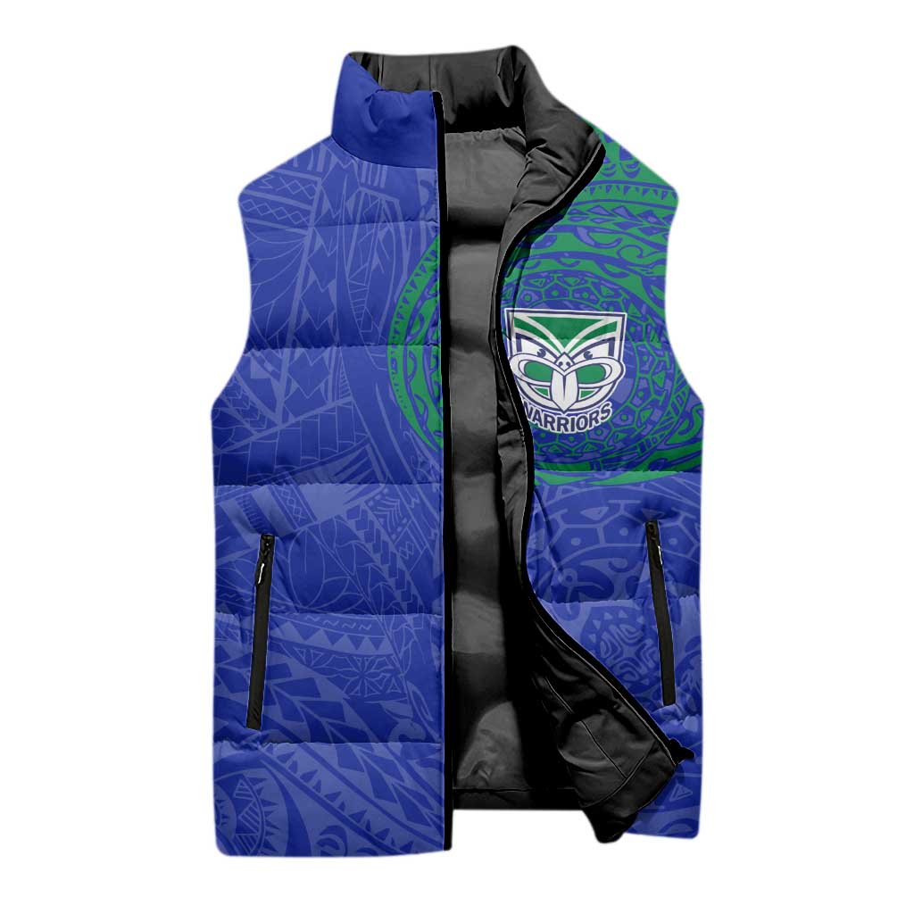 Personalized New Zealand Warriors Sleeveless Puffer Jacket Polynesian Tribal Chest and Sleeve Tattoo