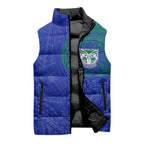 Personalized New Zealand Warriors Sleeveless Puffer Jacket Polynesian Tribal Chest and Sleeve Tattoo