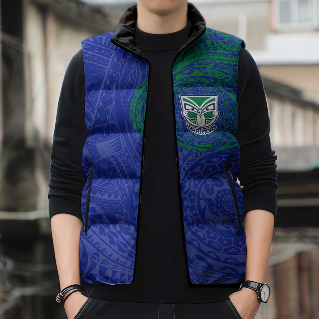 Personalized New Zealand Warriors Sleeveless Puffer Jacket Polynesian Tribal Chest and Sleeve Tattoo