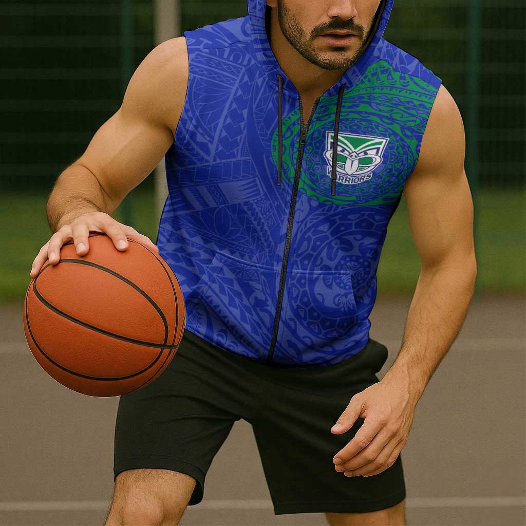 Personalized New Zealand Warriors Sleeveless Zip Hoodie Polynesian Tribal Chest and Sleeve Tattoo