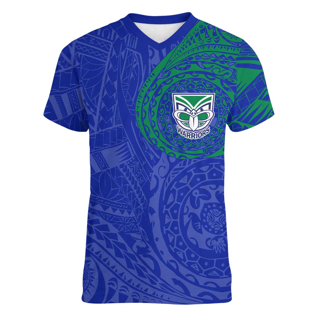 Personalized New Zealand Warriors Women V-Neck T-Shirt Polynesian Tribal Chest and Sleeve Tattoo
