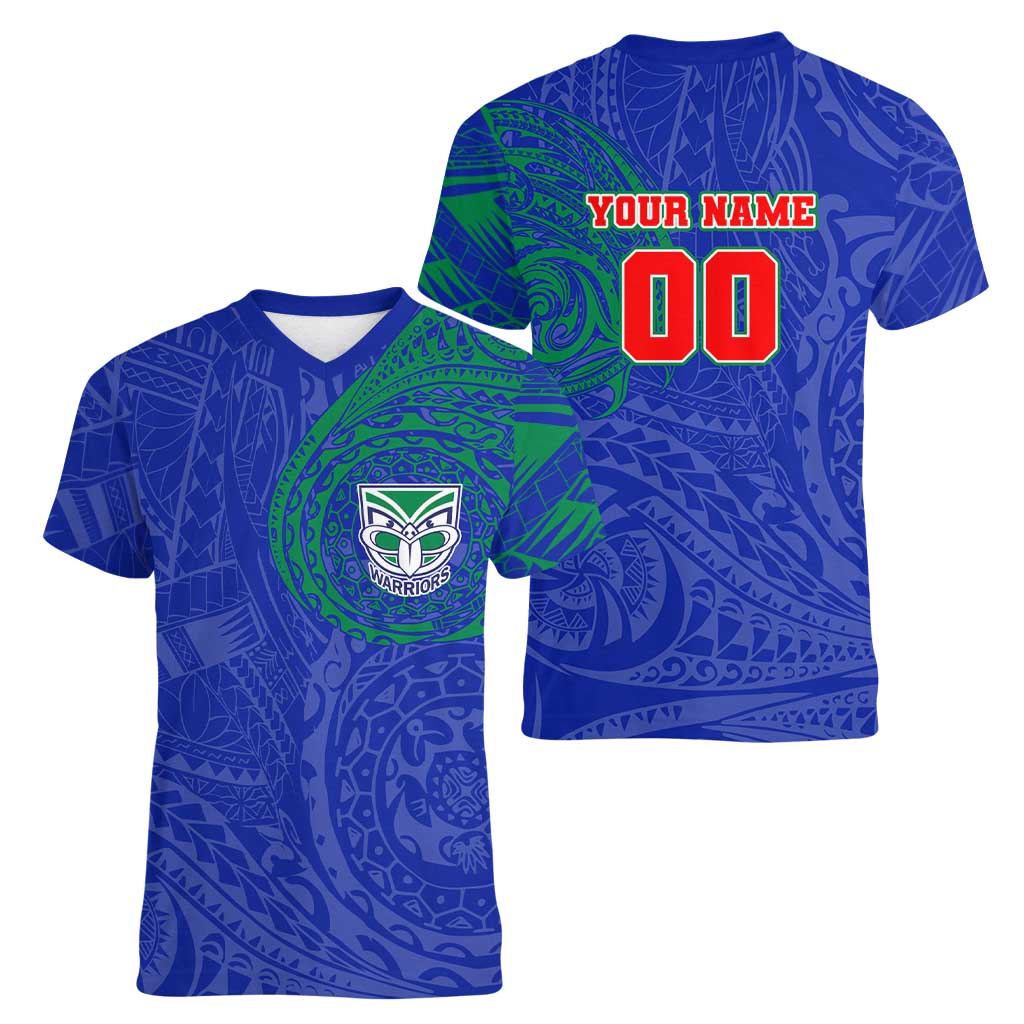Personalized New Zealand Warriors Women V-Neck T-Shirt Polynesian Tribal Chest and Sleeve Tattoo