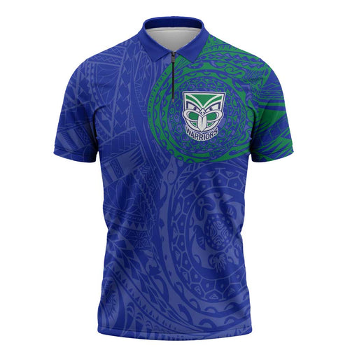 Personalized New Zealand Warriors Zipper Polo Shirt Polynesian Tribal Chest and Sleeve Tattoo