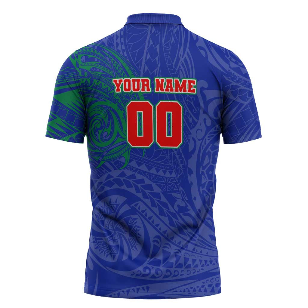 Personalized New Zealand Warriors Zipper Polo Shirt Polynesian Tribal Chest and Sleeve Tattoo