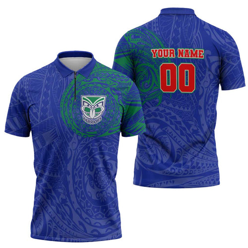 Personalized New Zealand Warriors Zipper Polo Shirt Polynesian Tribal Chest and Sleeve Tattoo