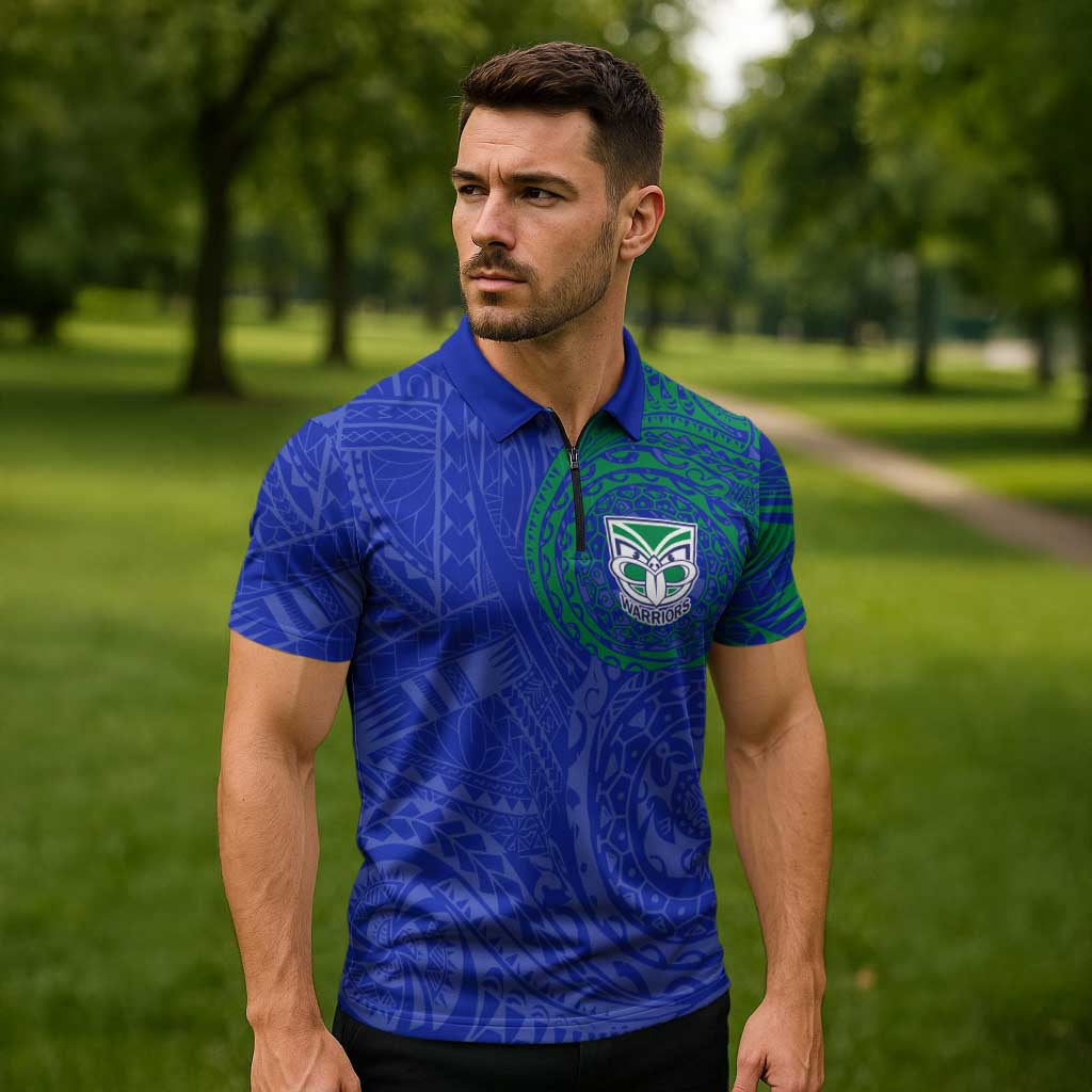 Personalized New Zealand Warriors Zipper Polo Shirt Polynesian Tribal Chest and Sleeve Tattoo