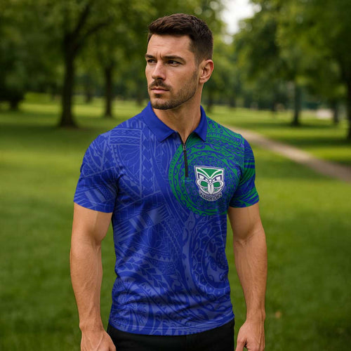Personalized New Zealand Warriors Zipper Polo Shirt Polynesian Tribal Chest and Sleeve Tattoo