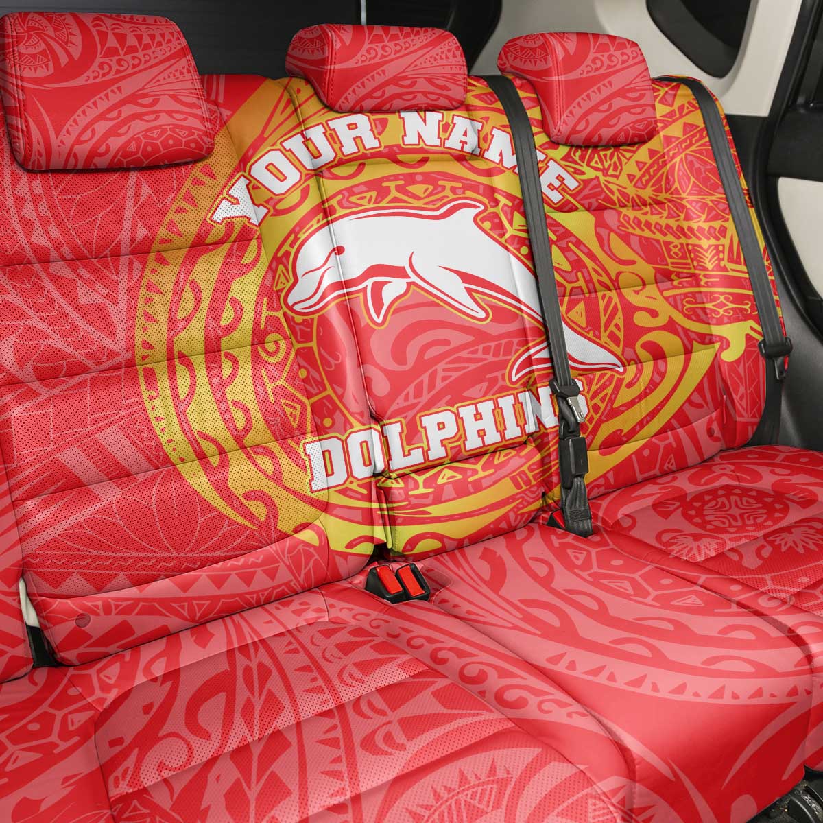 Personalized Dolphins Back Car Seat Cover Polynesian Tribal Chest and Sleeve Tattoo