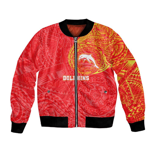 Personalized Dolphins Bomber Jacket Polynesian Tribal Chest and Sleeve Tattoo
