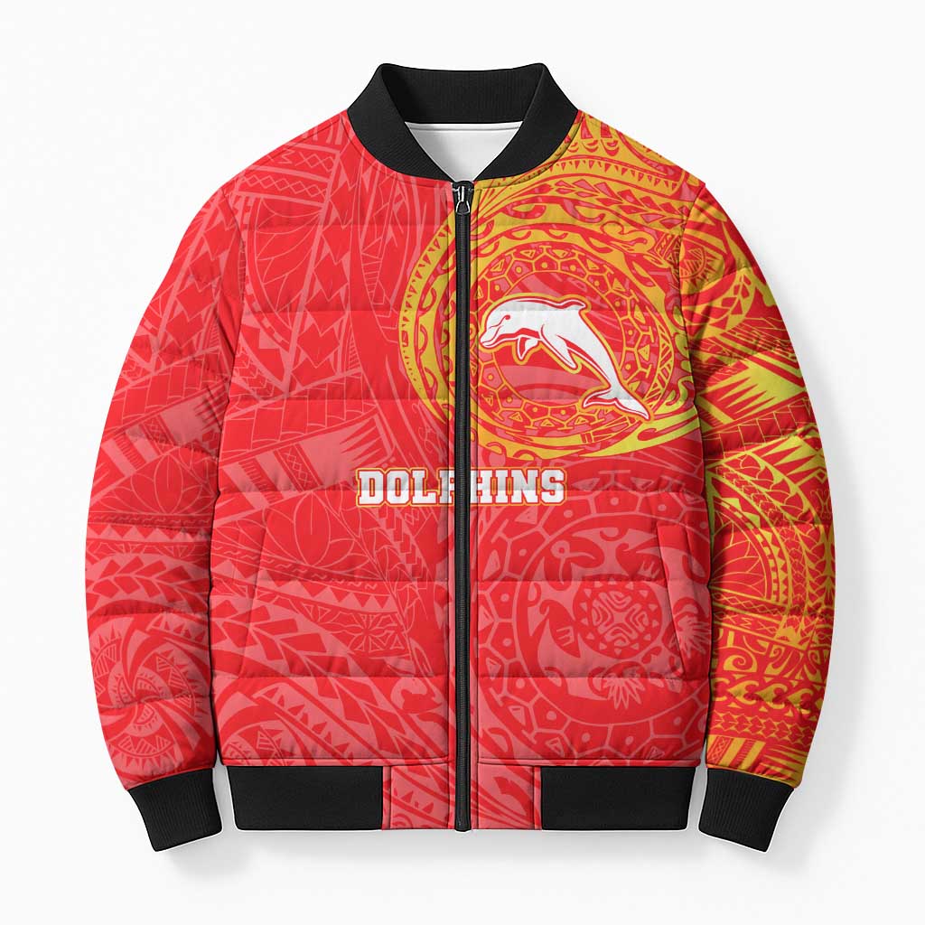 Personalized Dolphins Bomber Puffer Jacket Polynesian Tribal Chest and Sleeve Tattoo