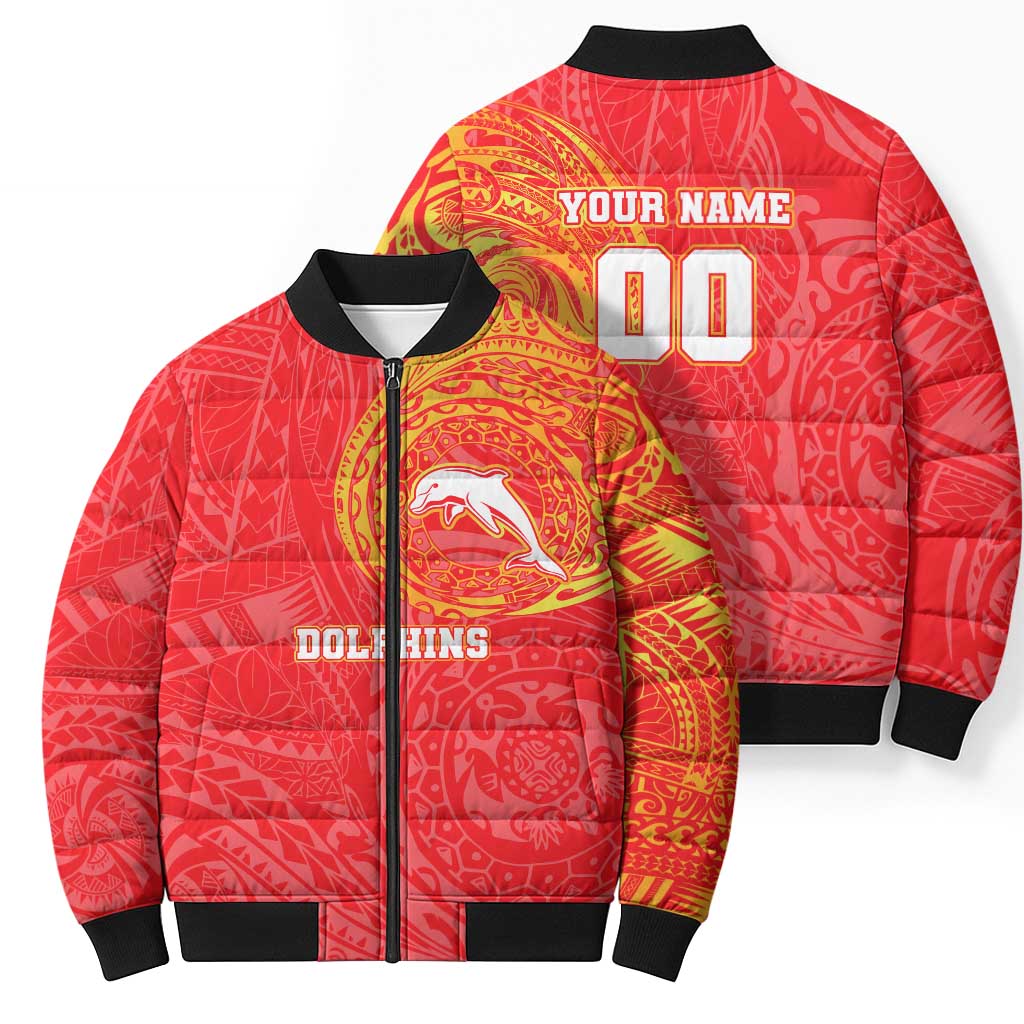 Personalized Dolphins Bomber Puffer Jacket Polynesian Tribal Chest and Sleeve Tattoo