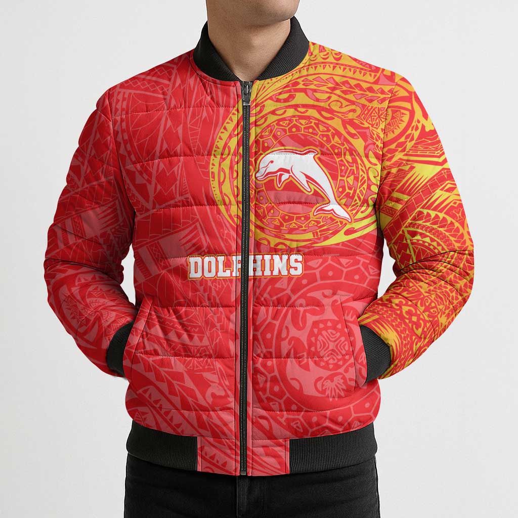 Personalized Dolphins Bomber Puffer Jacket Polynesian Tribal Chest and Sleeve Tattoo