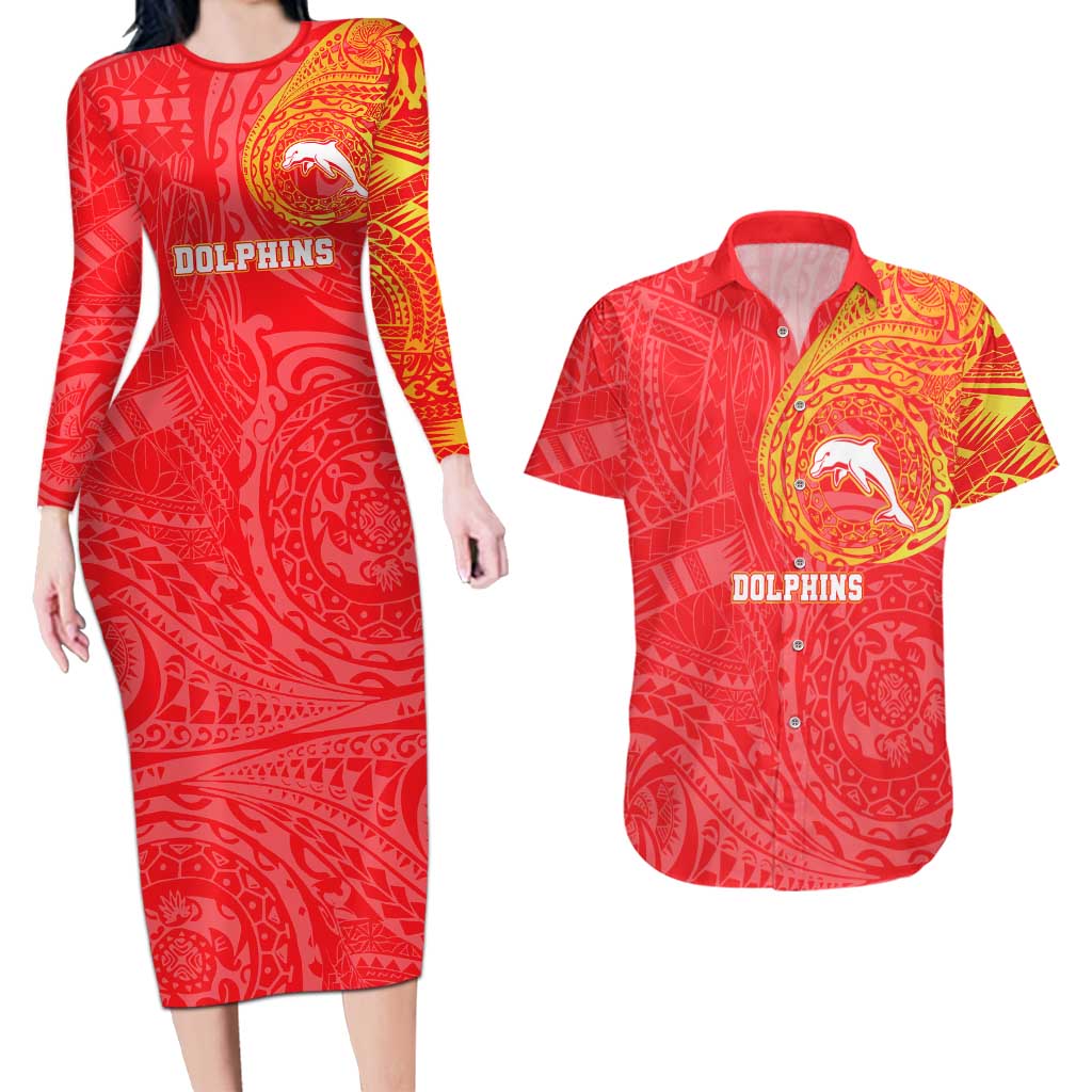 Personalized Dolphins Couples Matching Long Sleeve Bodycon Dress and Hawaiian Shirt Polynesian Tribal Chest and Sleeve Tattoo