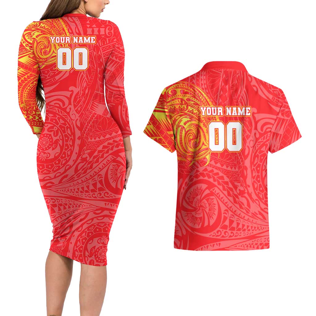 Personalized Dolphins Couples Matching Long Sleeve Bodycon Dress and Hawaiian Shirt Polynesian Tribal Chest and Sleeve Tattoo