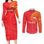 Personalized Dolphins Couples Matching Long Sleeve Bodycon Dress and Long Sleeve Button Shirt Polynesian Tribal Chest and Sleeve Tattoo