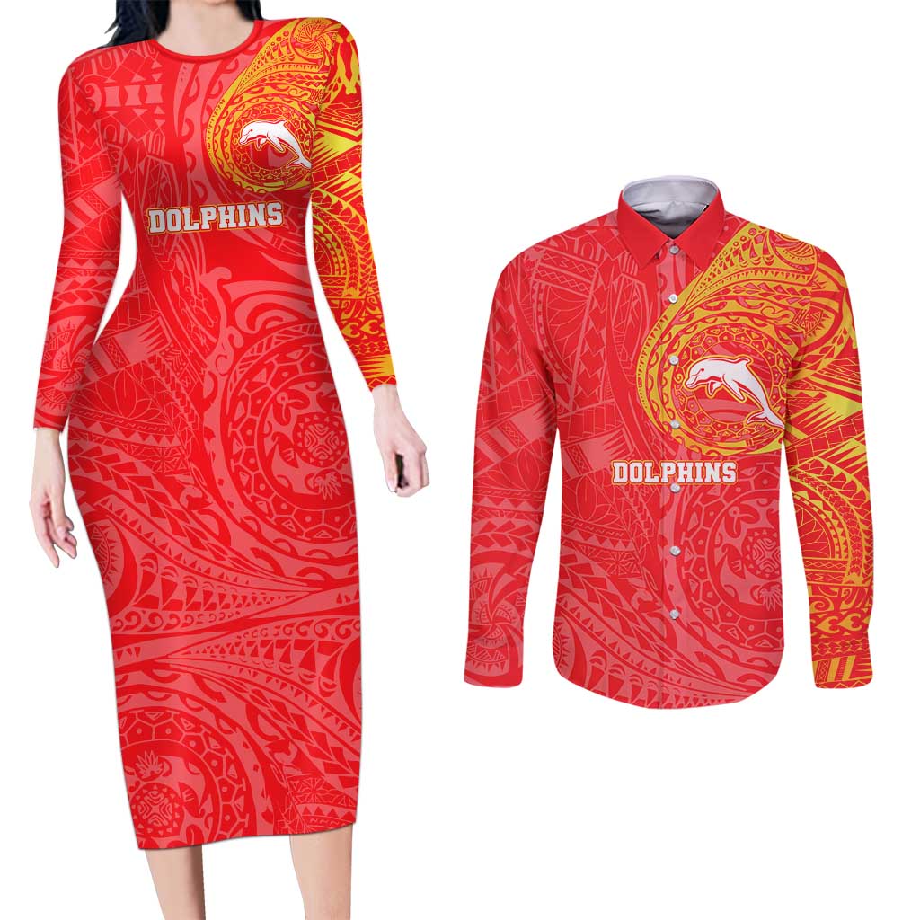 Personalized Dolphins Couples Matching Long Sleeve Bodycon Dress and Long Sleeve Button Shirt Polynesian Tribal Chest and Sleeve Tattoo