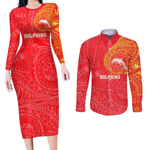 Personalized Dolphins Couples Matching Long Sleeve Bodycon Dress and Long Sleeve Button Shirt Polynesian Tribal Chest and Sleeve Tattoo