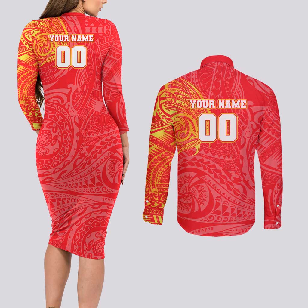 Personalized Dolphins Couples Matching Long Sleeve Bodycon Dress and Long Sleeve Button Shirt Polynesian Tribal Chest and Sleeve Tattoo