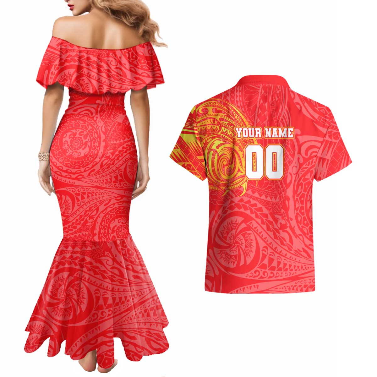Personalized Dolphins Couples Matching Mermaid Dress and Hawaiian Shirt Polynesian Tribal Chest and Sleeve Tattoo