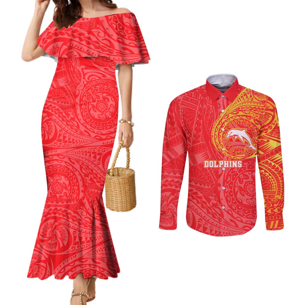 Personalized Dolphins Couples Matching Mermaid Dress and Long Sleeve Button Shirt Polynesian Tribal Chest and Sleeve Tattoo