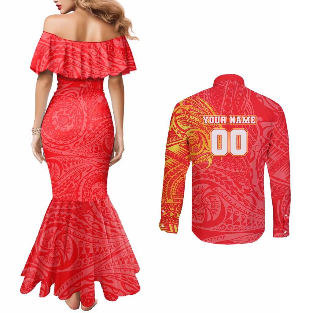 Personalized Dolphins Couples Matching Mermaid Dress and Long Sleeve Button Shirt Polynesian Tribal Chest and Sleeve Tattoo