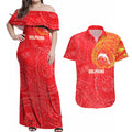 Personalized Dolphins Couples Matching Off Shoulder Maxi Dress and Hawaiian Shirt Polynesian Tribal Chest and Sleeve Tattoo
