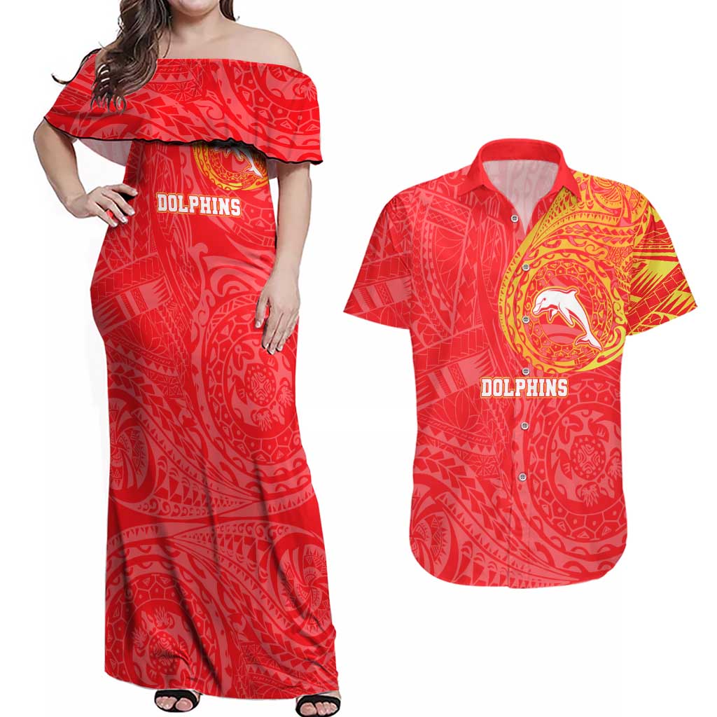 Personalized Dolphins Couples Matching Off Shoulder Maxi Dress and Hawaiian Shirt Polynesian Tribal Chest and Sleeve Tattoo