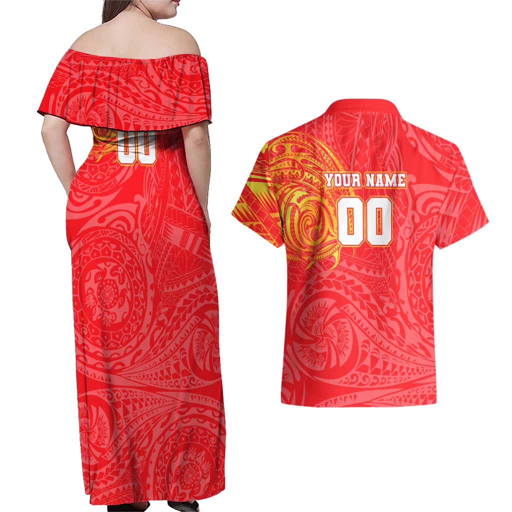 Personalized Dolphins Couples Matching Off Shoulder Maxi Dress and Hawaiian Shirt Polynesian Tribal Chest and Sleeve Tattoo