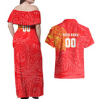 Personalized Dolphins Couples Matching Off Shoulder Maxi Dress and Hawaiian Shirt Polynesian Tribal Chest and Sleeve Tattoo