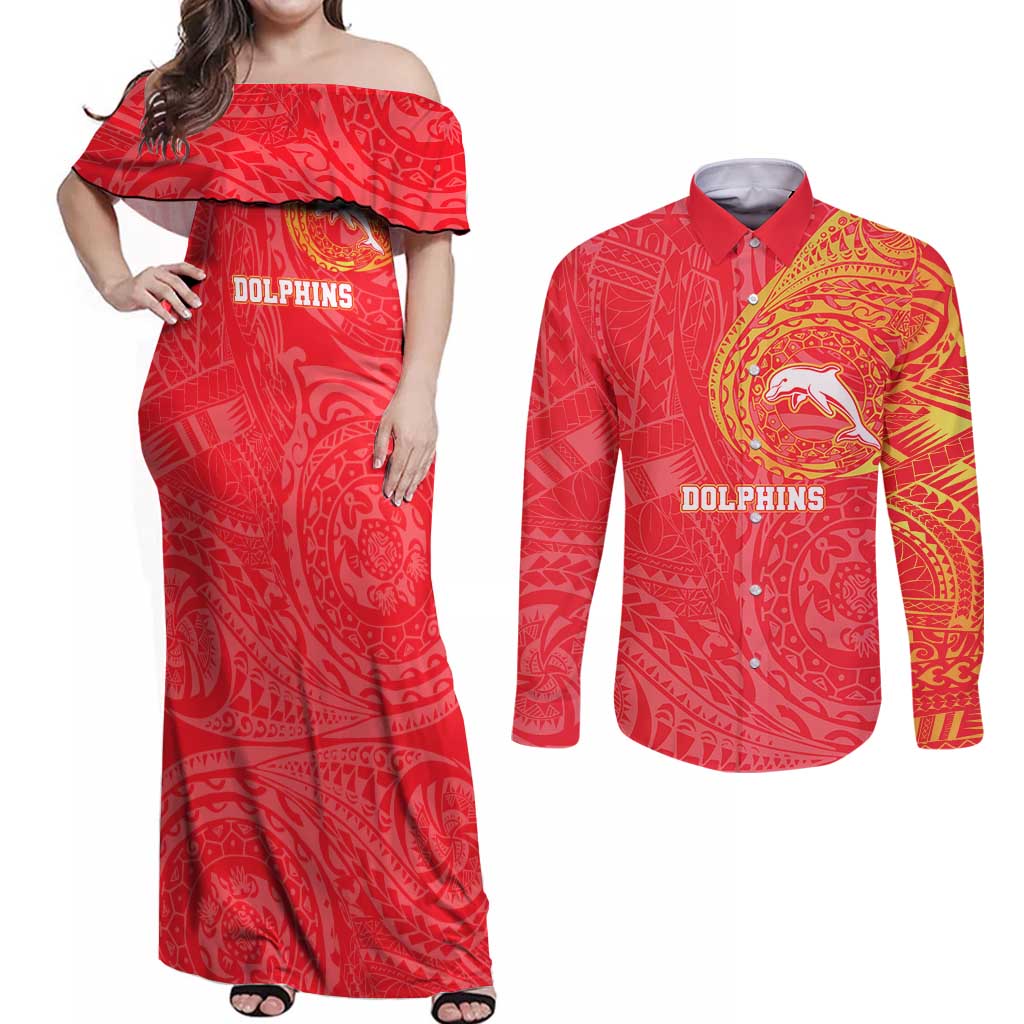 Personalized Dolphins Couples Matching Off Shoulder Maxi Dress and Long Sleeve Button Shirt Polynesian Tribal Chest and Sleeve Tattoo