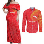 Personalized Dolphins Couples Matching Off Shoulder Maxi Dress and Long Sleeve Button Shirt Polynesian Tribal Chest and Sleeve Tattoo