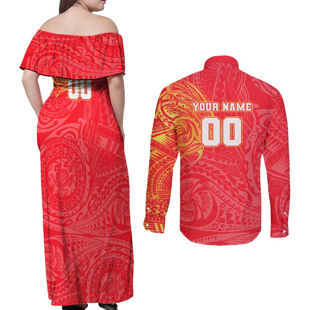 Personalized Dolphins Couples Matching Off Shoulder Maxi Dress and Long Sleeve Button Shirt Polynesian Tribal Chest and Sleeve Tattoo