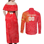Personalized Dolphins Couples Matching Off Shoulder Maxi Dress and Long Sleeve Button Shirt Polynesian Tribal Chest and Sleeve Tattoo