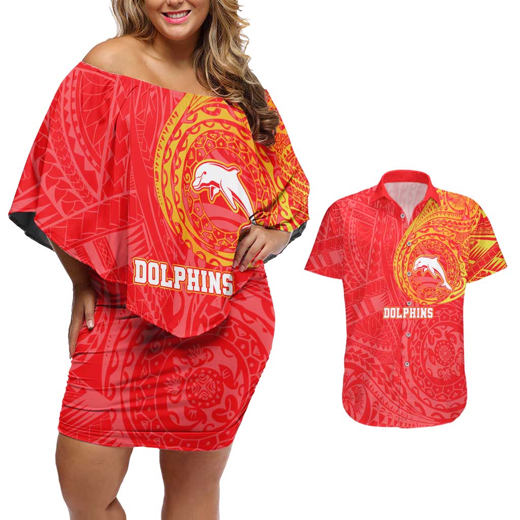 Personalized Dolphins Couples Matching Off Shoulder Short Dress and Hawaiian Shirt Polynesian Tribal Chest and Sleeve Tattoo