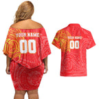 Personalized Dolphins Couples Matching Off Shoulder Short Dress and Hawaiian Shirt Polynesian Tribal Chest and Sleeve Tattoo
