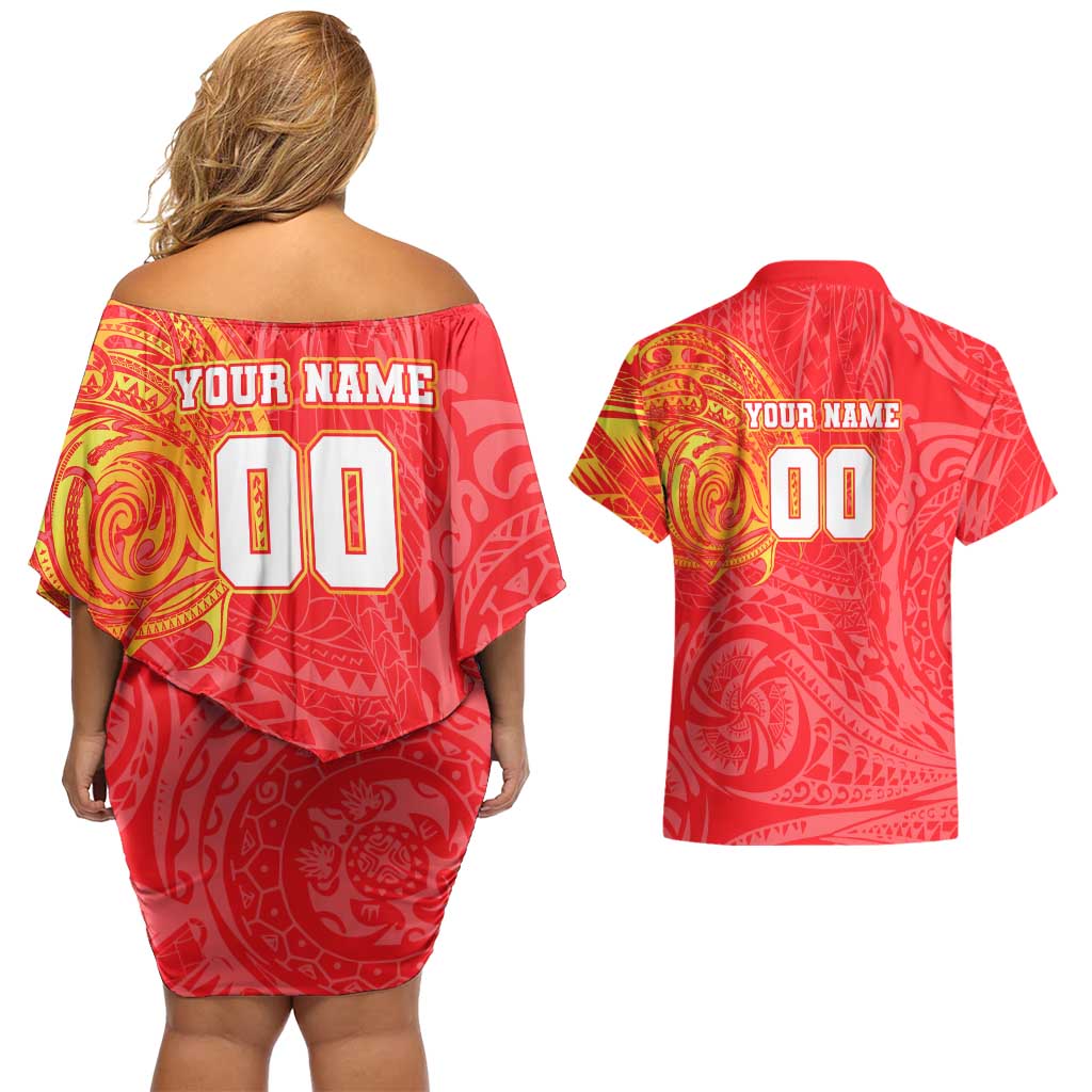 Personalized Dolphins Couples Matching Off Shoulder Short Dress and Hawaiian Shirt Polynesian Tribal Chest and Sleeve Tattoo