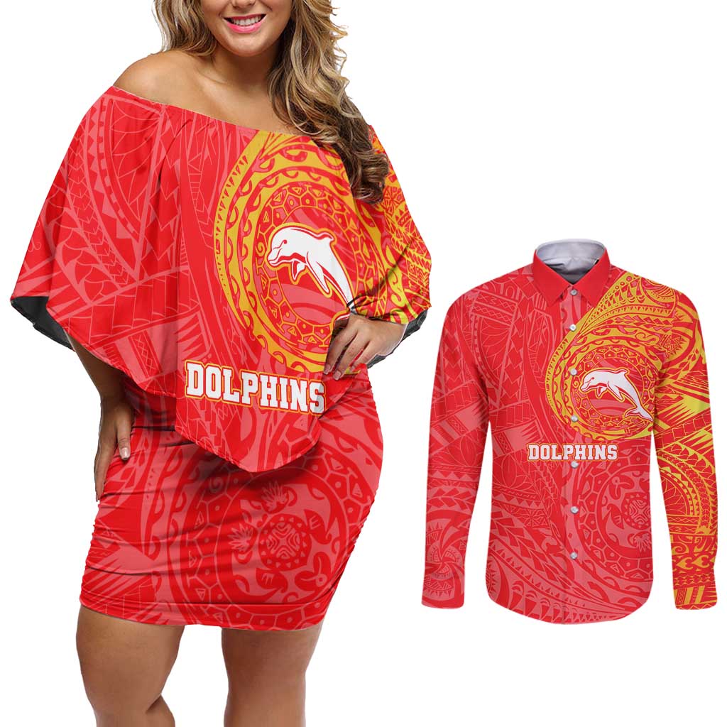 Personalized Dolphins Couples Matching Off Shoulder Short Dress and Long Sleeve Button Shirt Polynesian Tribal Chest and Sleeve Tattoo