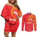Personalized Dolphins Couples Matching Off Shoulder Short Dress and Long Sleeve Button Shirt Polynesian Tribal Chest and Sleeve Tattoo