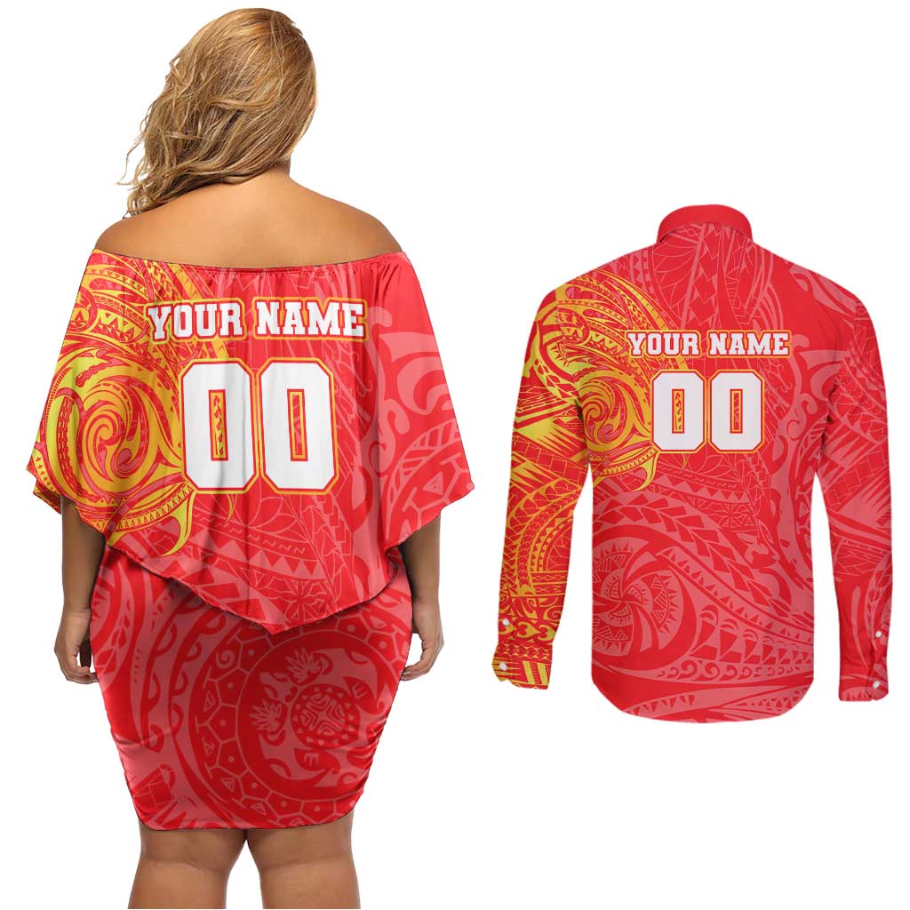 Personalized Dolphins Couples Matching Off Shoulder Short Dress and Long Sleeve Button Shirt Polynesian Tribal Chest and Sleeve Tattoo