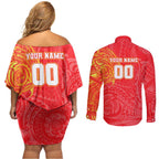 Personalized Dolphins Couples Matching Off Shoulder Short Dress and Long Sleeve Button Shirt Polynesian Tribal Chest and Sleeve Tattoo