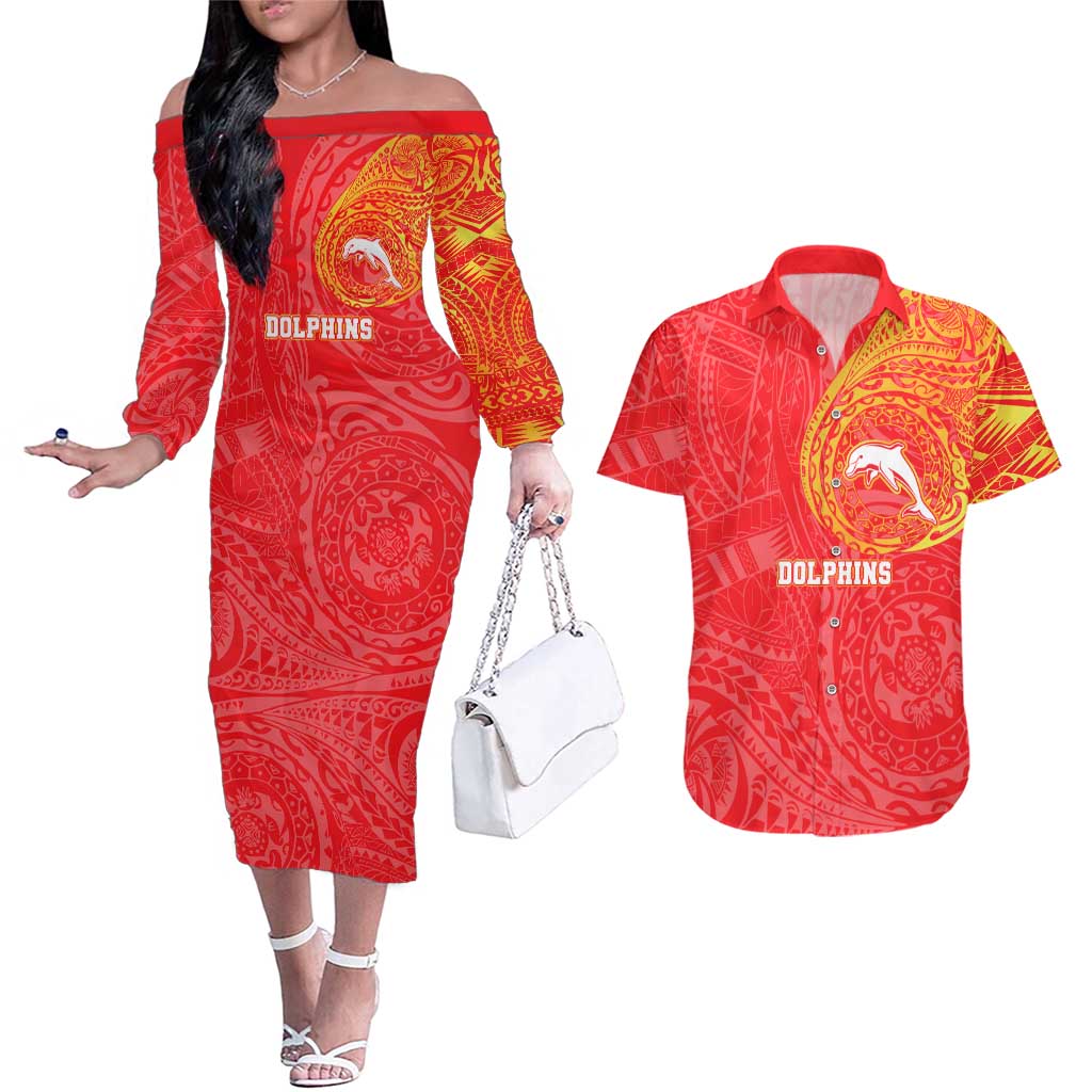 Personalized Dolphins Couples Matching Off The Shoulder Long Sleeve Dress and Hawaiian Shirt Polynesian Tribal Chest and Sleeve Tattoo