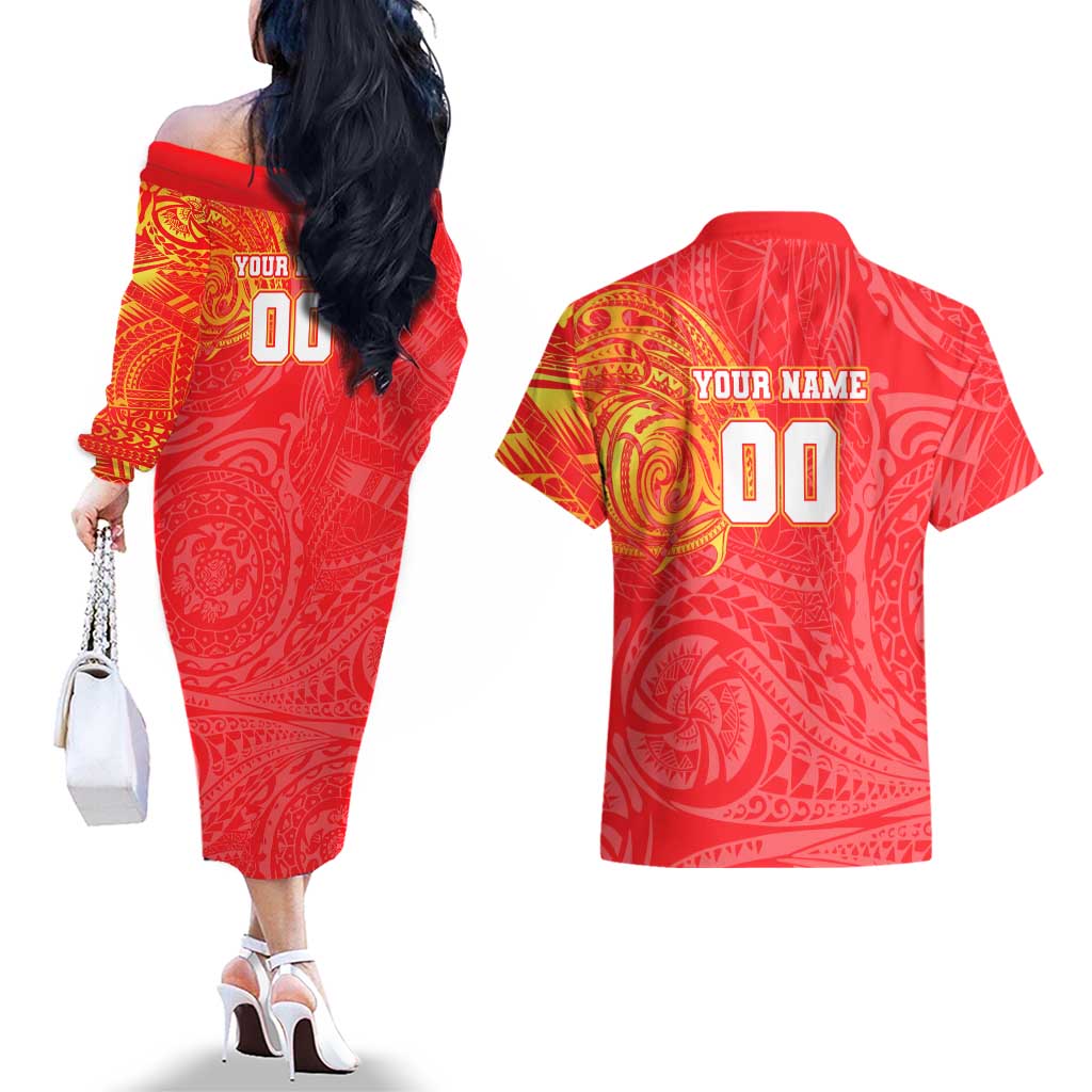 Personalized Dolphins Couples Matching Off The Shoulder Long Sleeve Dress and Hawaiian Shirt Polynesian Tribal Chest and Sleeve Tattoo