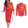 Personalized Dolphins Couples Matching Off The Shoulder Long Sleeve Dress and Long Sleeve Button Shirt Polynesian Tribal Chest and Sleeve Tattoo