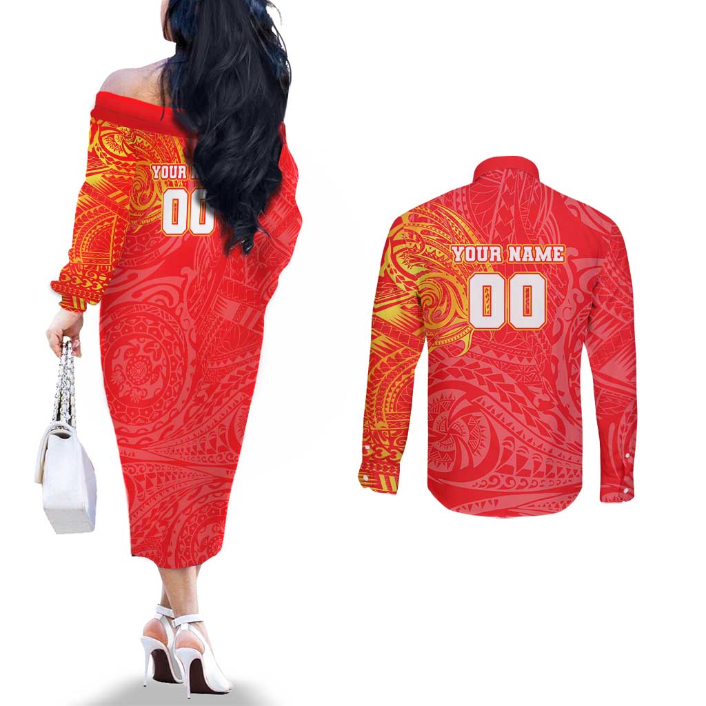 Personalized Dolphins Couples Matching Off The Shoulder Long Sleeve Dress and Long Sleeve Button Shirt Polynesian Tribal Chest and Sleeve Tattoo