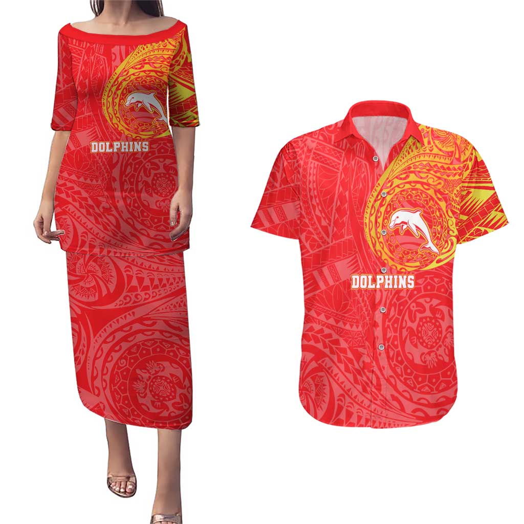 Personalized Dolphins Couples Matching Puletasi and Hawaiian Shirt Polynesian Tribal Chest and Sleeve Tattoo