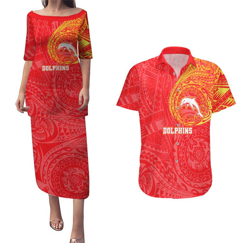 Personalized Dolphins Couples Matching Puletasi and Hawaiian Shirt Polynesian Tribal Chest and Sleeve Tattoo