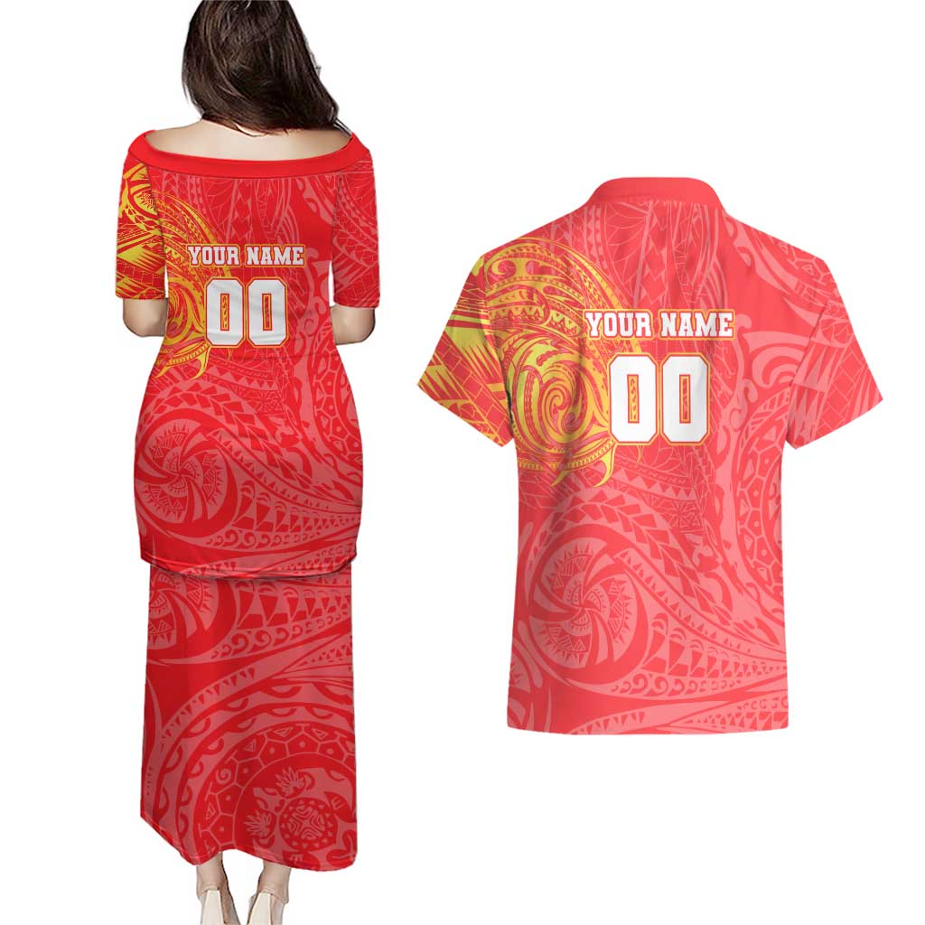 Personalized Dolphins Couples Matching Puletasi and Hawaiian Shirt Polynesian Tribal Chest and Sleeve Tattoo