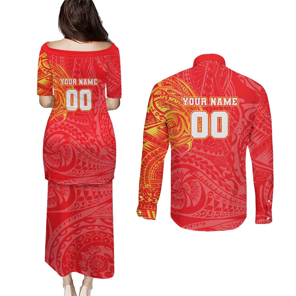 Personalized Dolphins Couples Matching Puletasi and Long Sleeve Button Shirt Polynesian Tribal Chest and Sleeve Tattoo