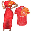 Personalized Dolphins Couples Matching Short Sleeve Bodycon Dress and Hawaiian Shirt Polynesian Tribal Chest and Sleeve Tattoo