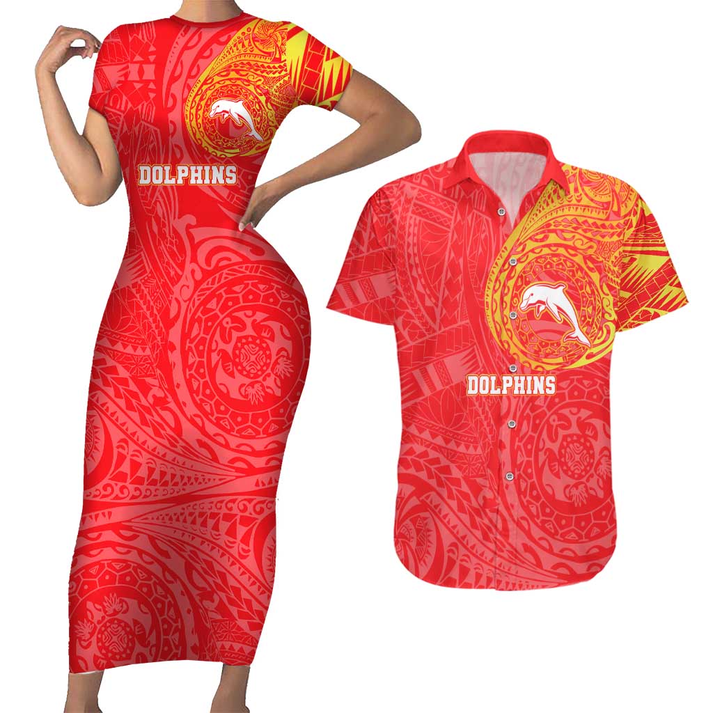 Personalized Dolphins Couples Matching Short Sleeve Bodycon Dress and Hawaiian Shirt Polynesian Tribal Chest and Sleeve Tattoo